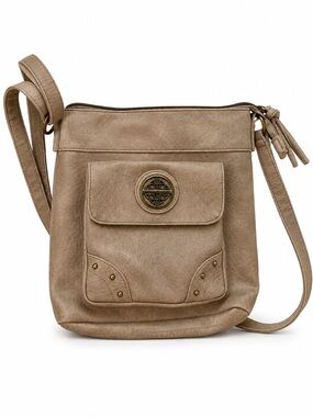 Stone Mountain Accessories Taupe Crossbody Bag with Front Pocket and Medallion